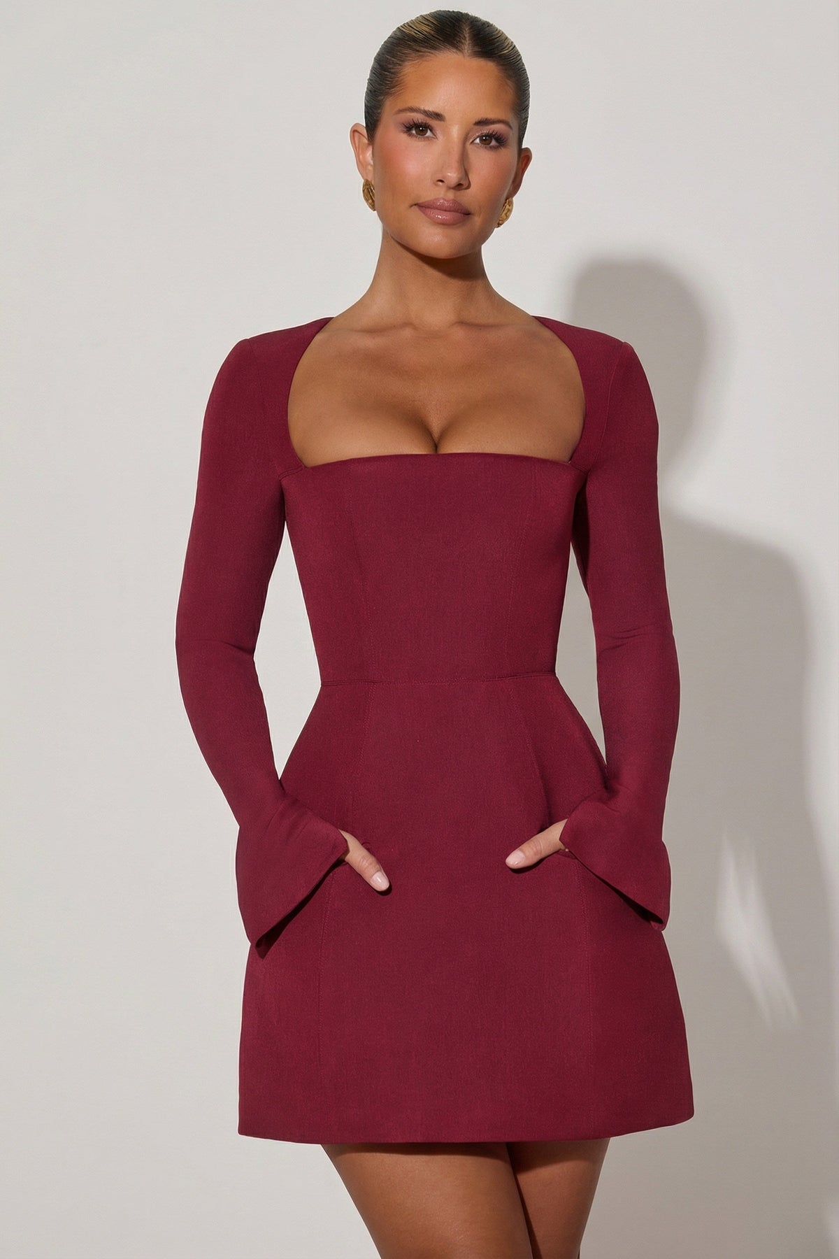 Belavie Taeshe Square-Neck Structured Tulip Mini Dress in Wine Red