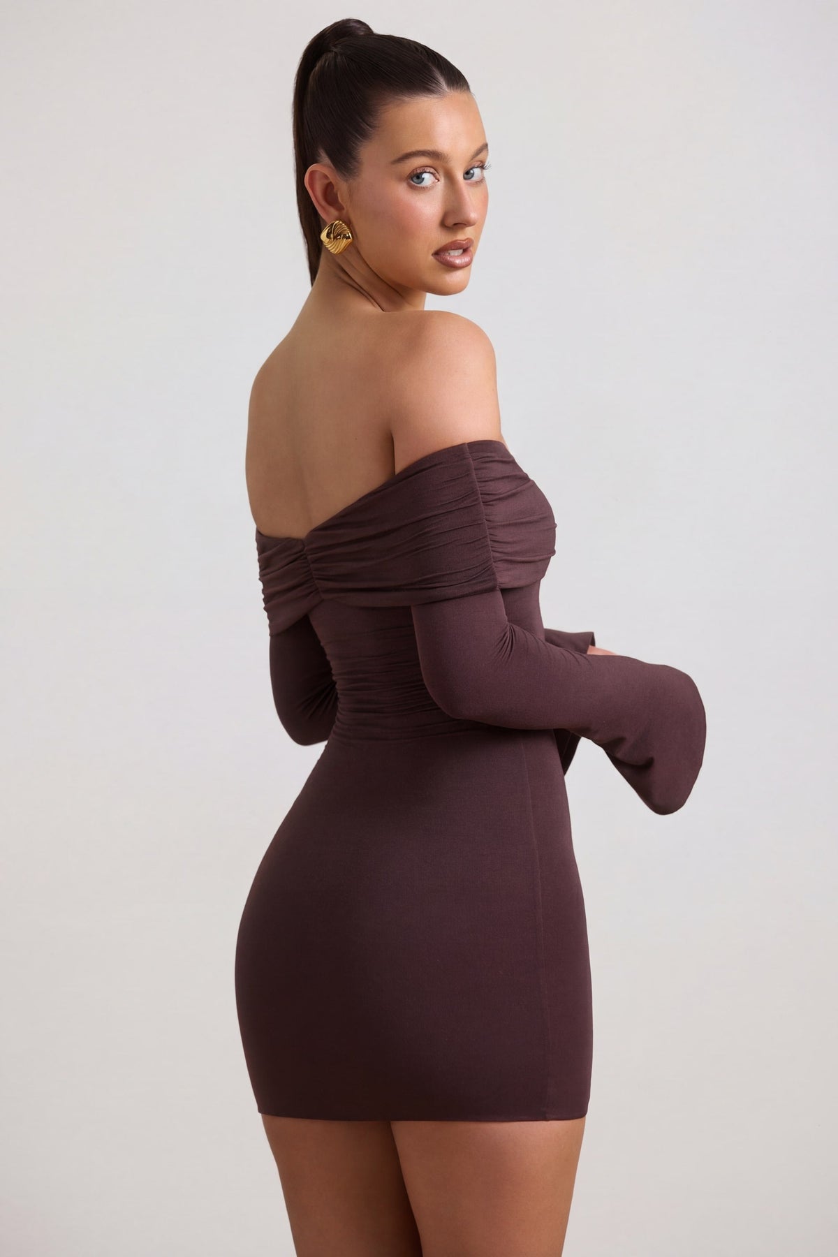 Belavie Thaes Modal-Cashmere Blend Off-Shoulder Ruched Mini Dress in Espresso