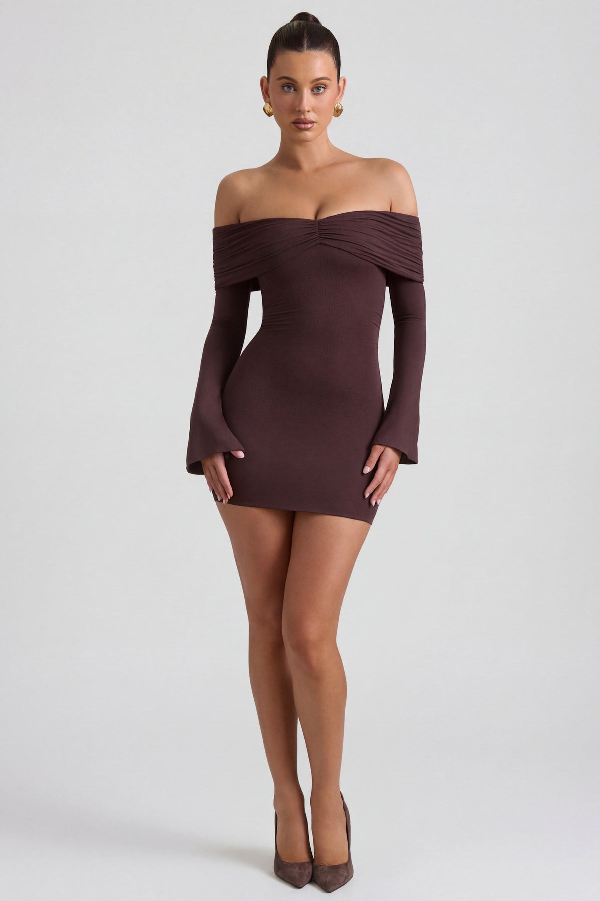 Belavie Thaes Modal-Cashmere Blend Off-Shoulder Ruched Mini Dress in Espresso