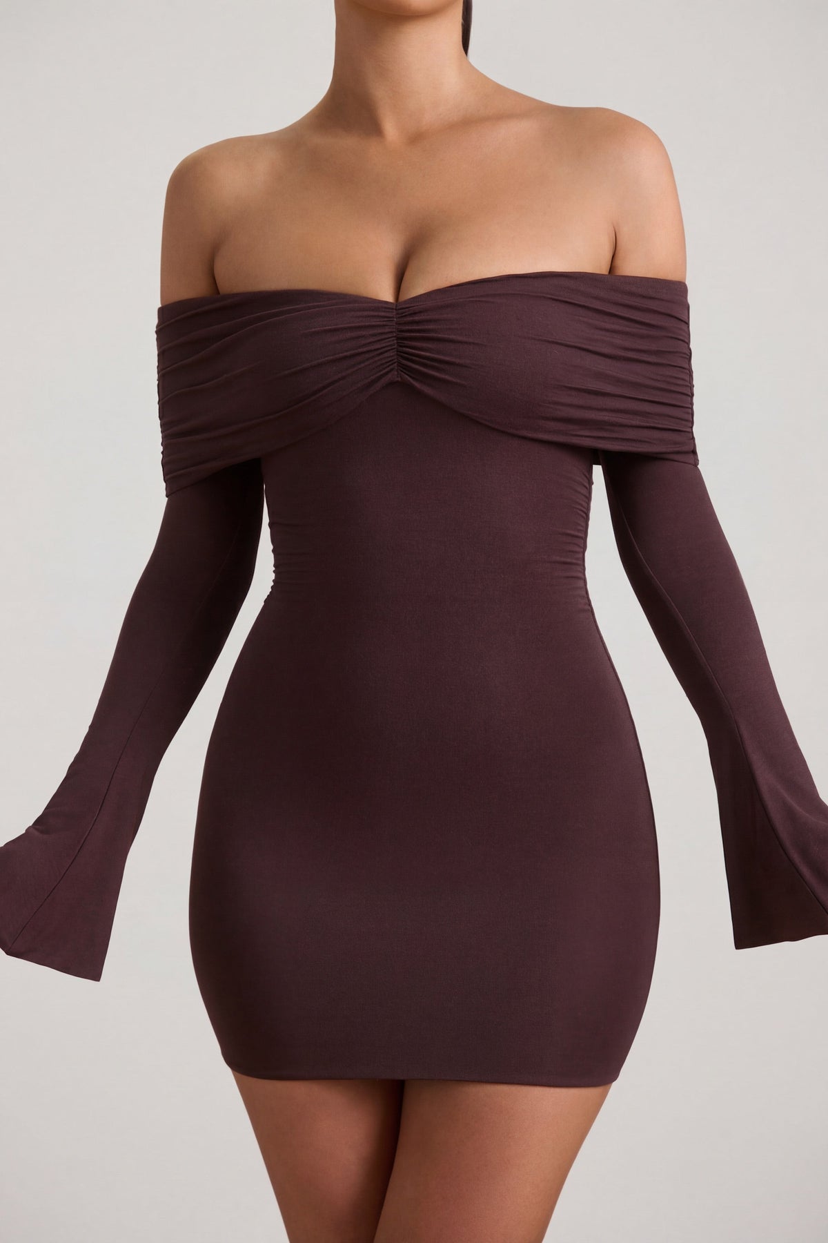 Belavie Thaes Modal-Cashmere Blend Off-Shoulder Ruched Mini Dress in Espresso