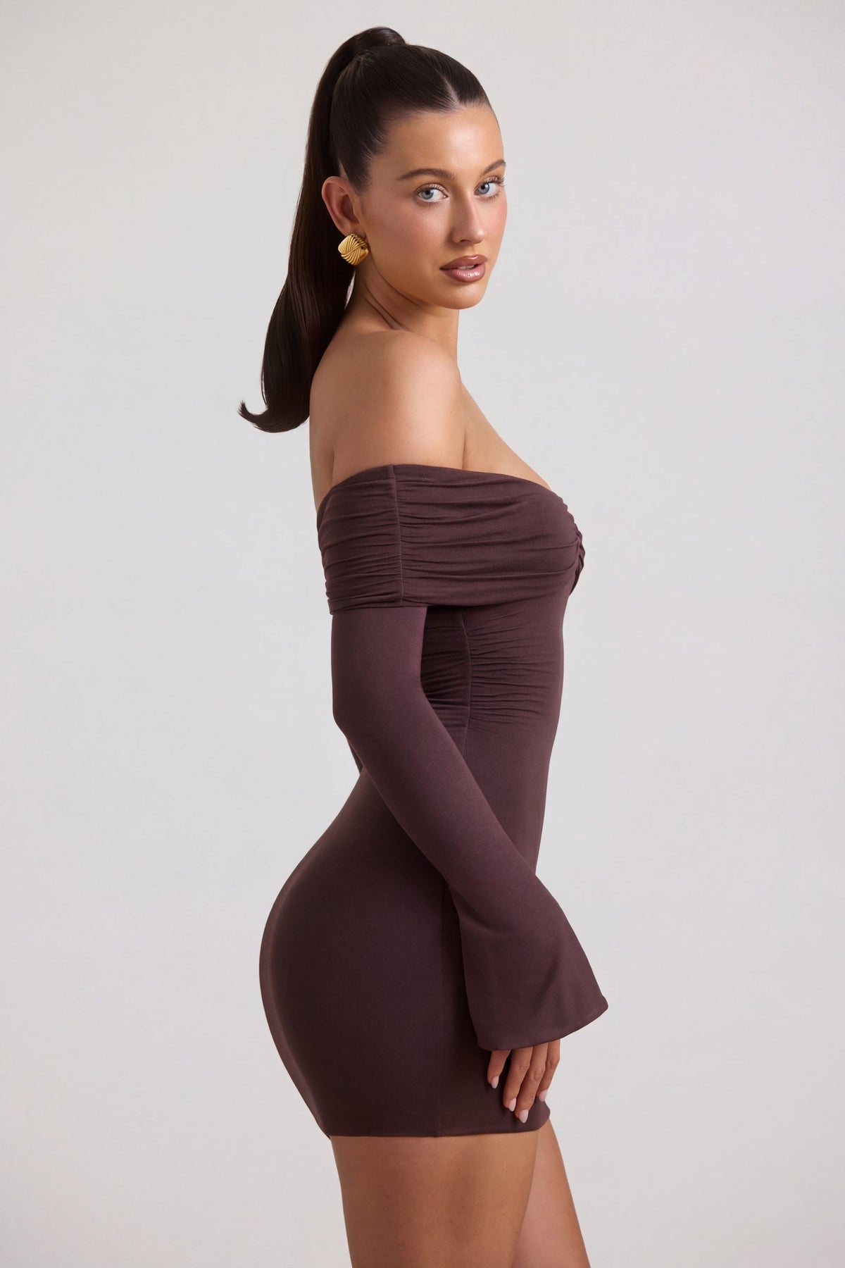 Belavie Thaes Modal-Cashmere Blend Off-Shoulder Ruched Mini Dress in Espresso