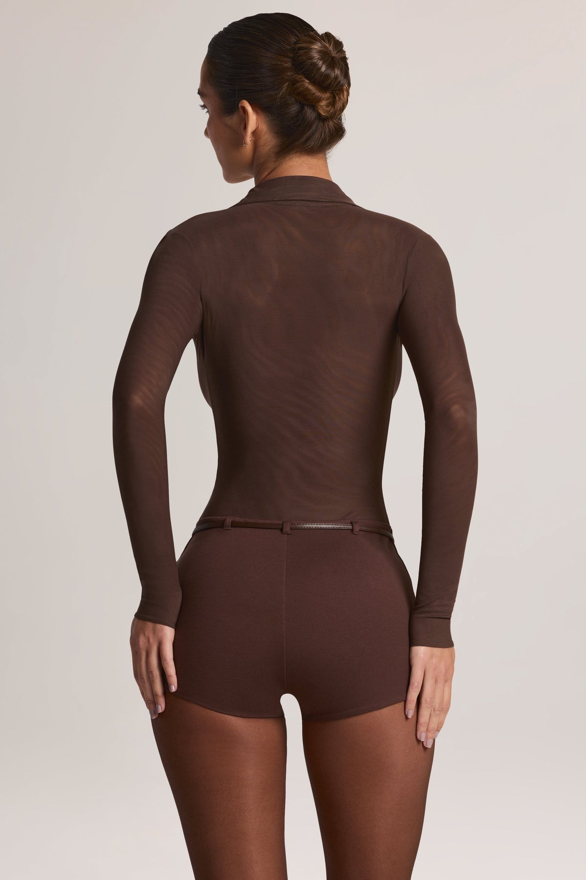 Belavie Tire Button Front Long-Sleeve Romper in Chocolate Brown