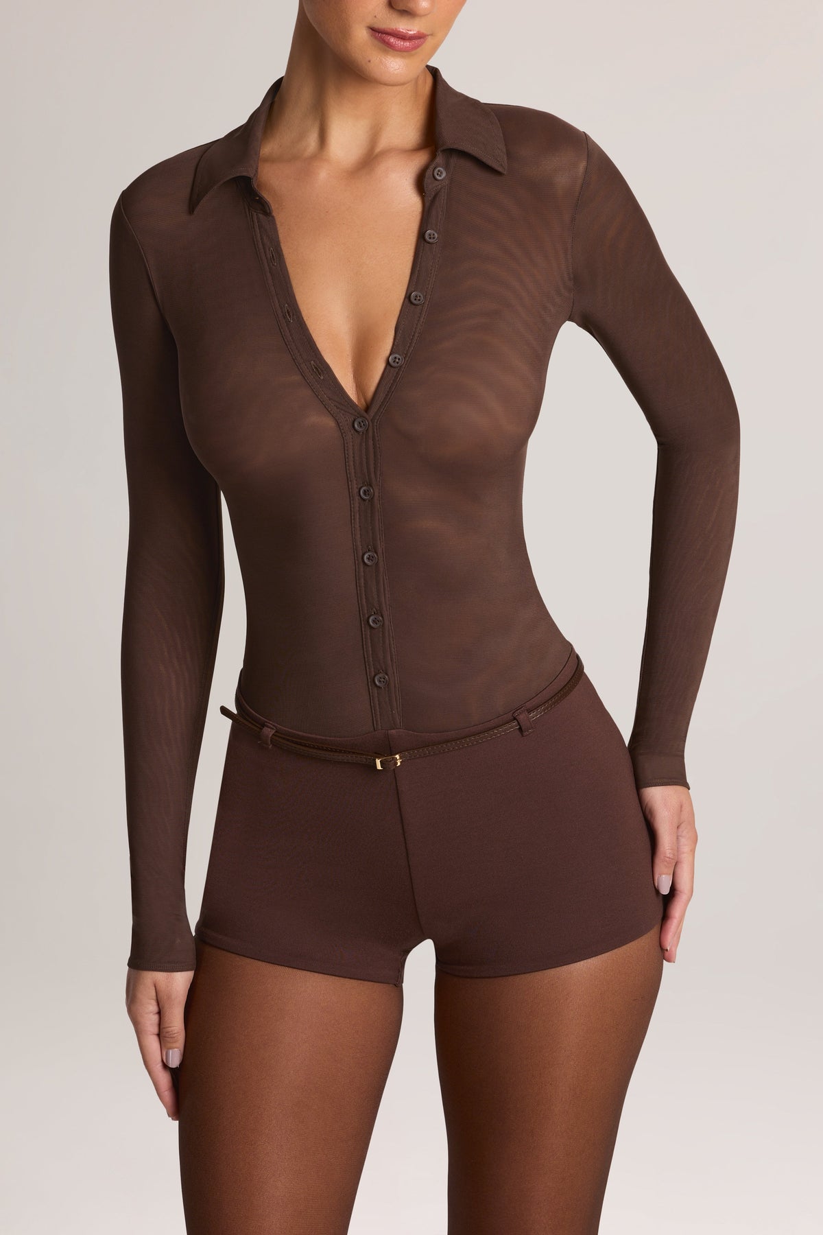Belavie Tire Button Front Long-Sleeve Romper in Chocolate Brown