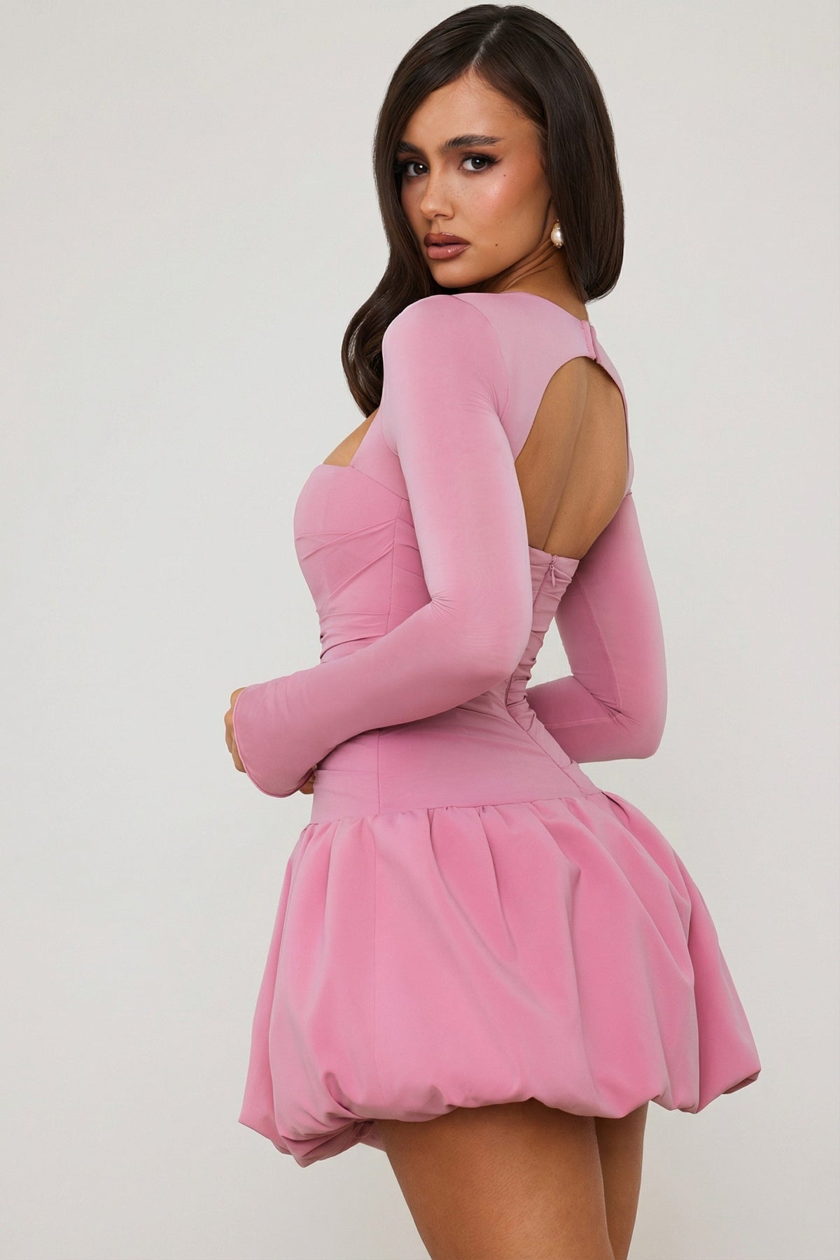 Belavie Viole Long-Sleeve Bubble Hem Mini Dress in Mauve