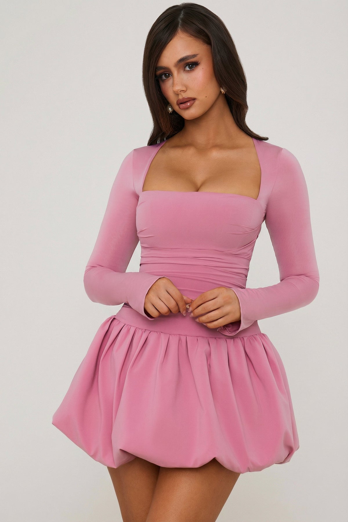 Belavie Viole Long-Sleeve Bubble Hem Mini Dress in Mauve