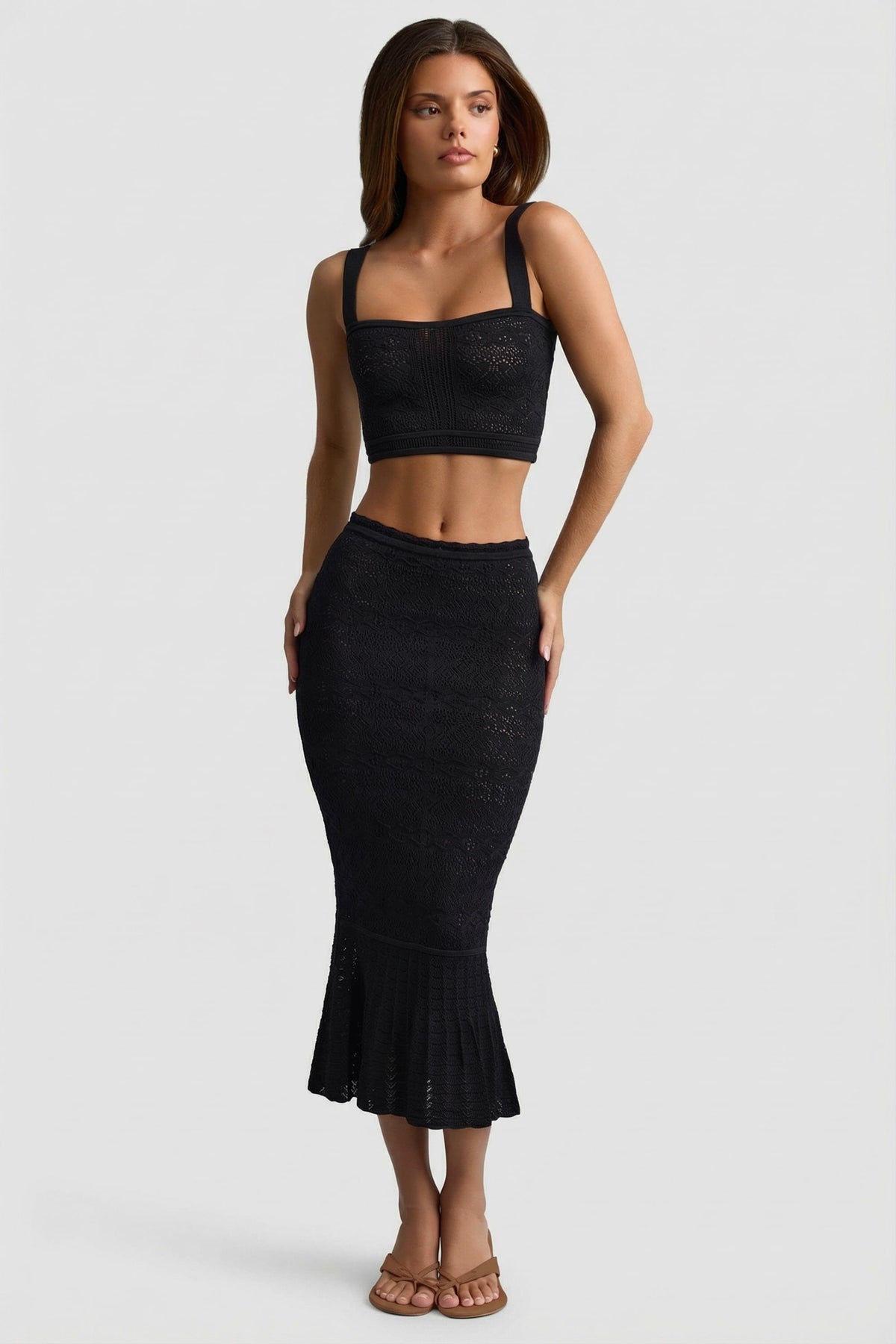 Belavie Yasire Ruffle-Trim Pointelle-Knit Midaxi Skirt in Black