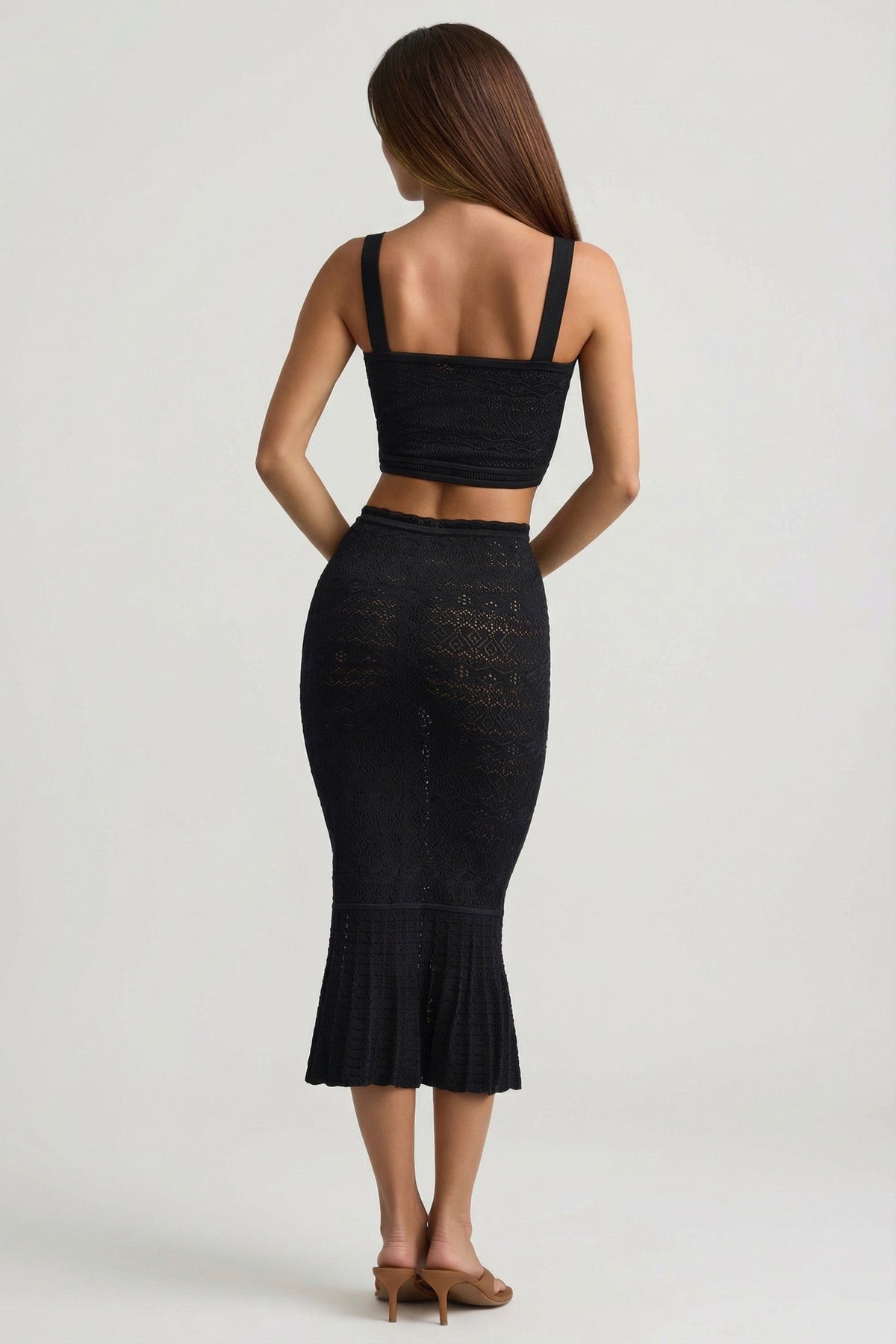 Belavie Yasire Ruffle-Trim Pointelle-Knit Midaxi Skirt in Black