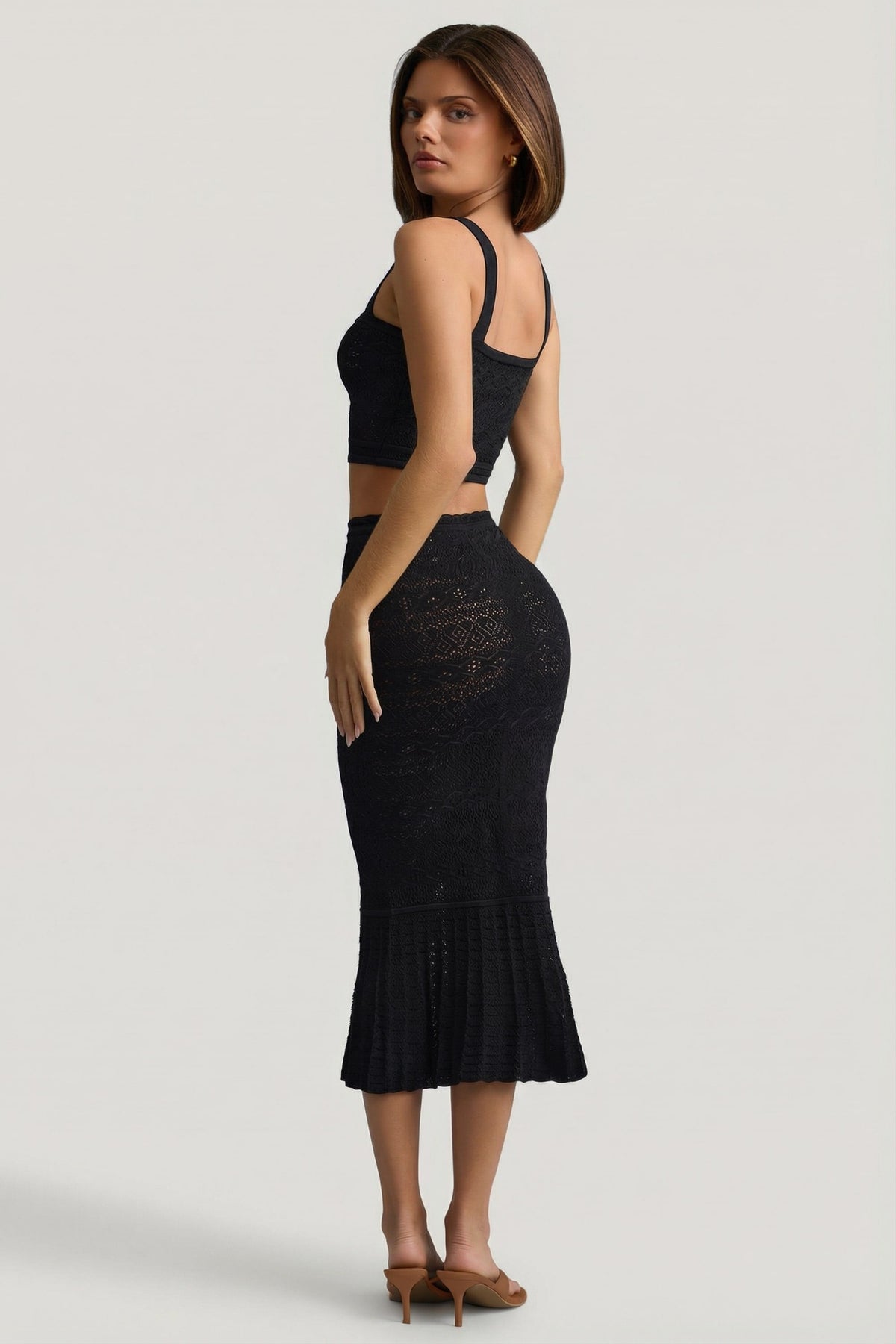 Belavie Yasire Ruffle-Trim Pointelle-Knit Midaxi Skirt in Black