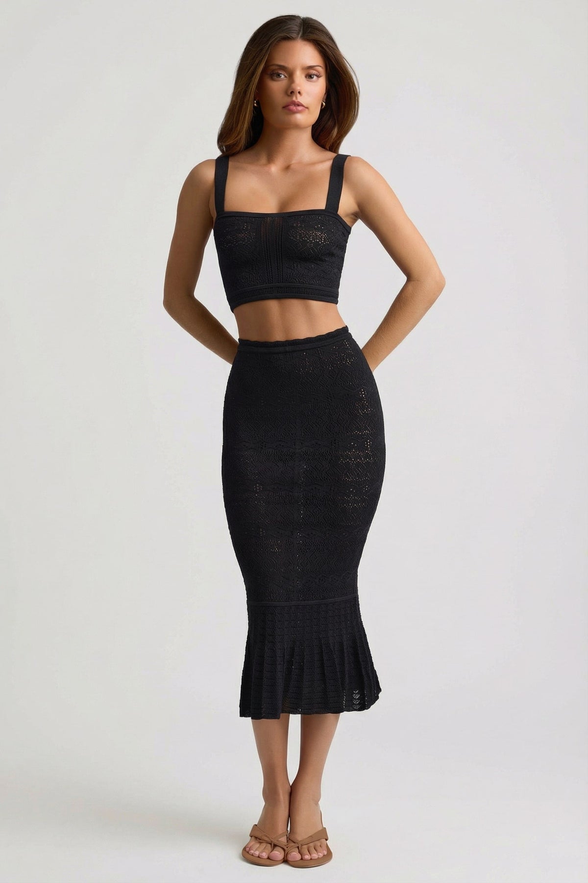 Belavie Yasire Ruffle-Trim Pointelle-Knit Midaxi Skirt in Black