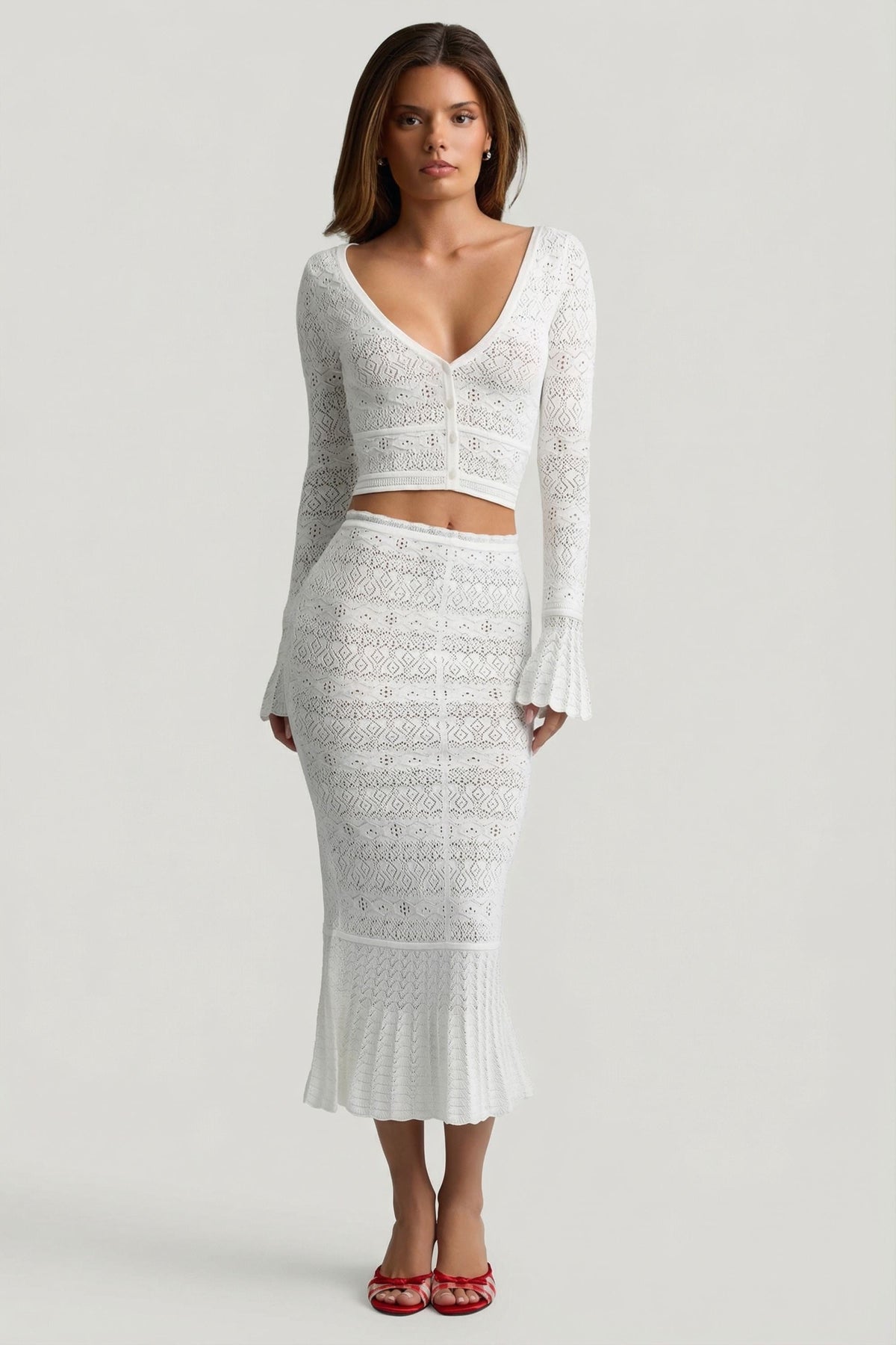 Belavie Yasire Ruffle-Trim Pointelle-Knit Midaxi Skirt in White