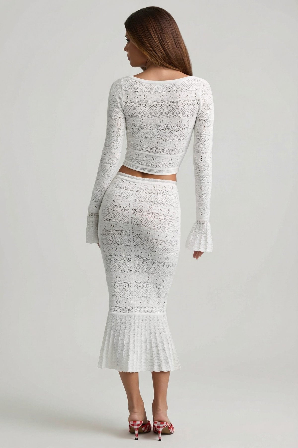 Belavie Yasire Ruffle-Trim Pointelle-Knit Midaxi Skirt in White