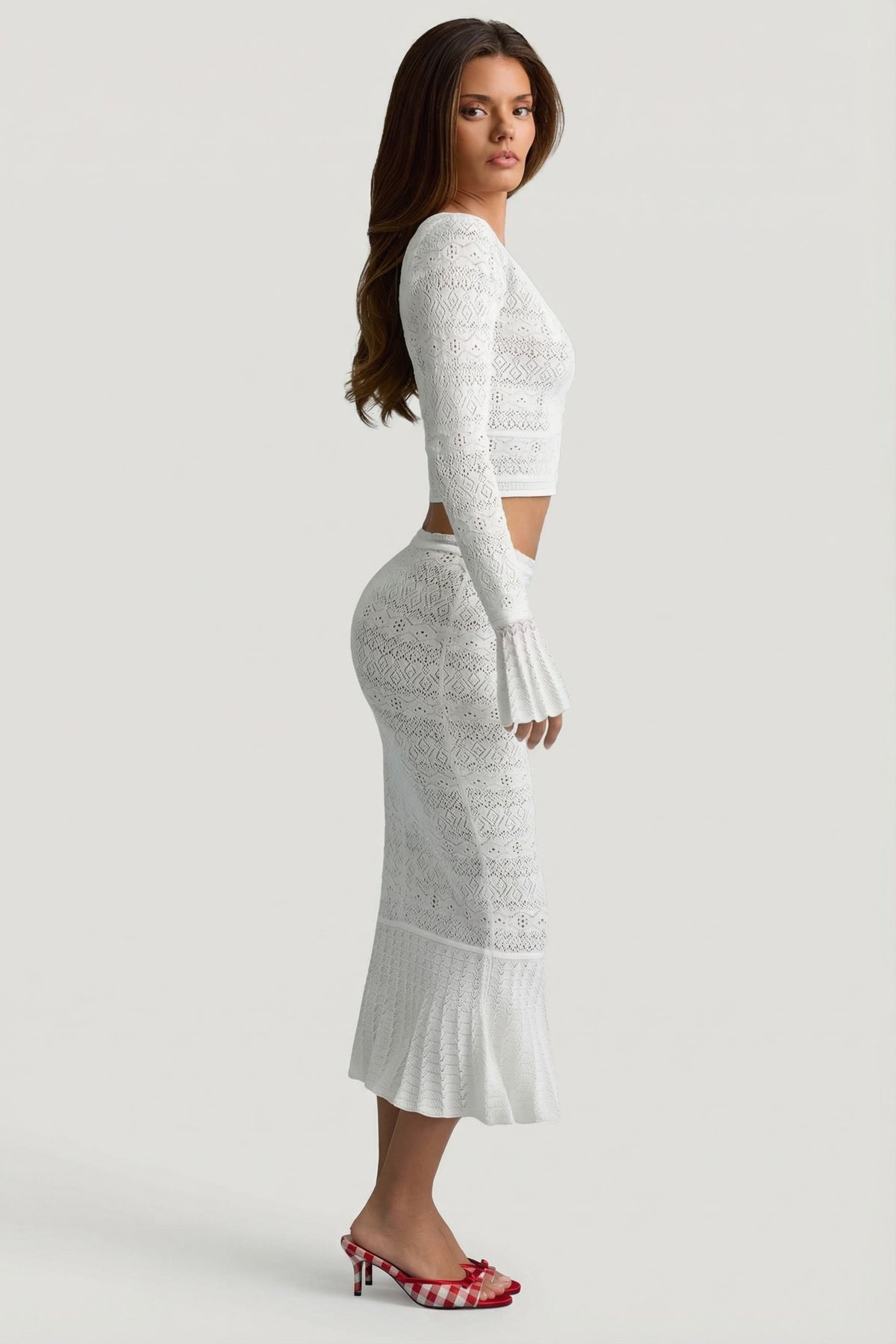 Belavie Yasire Ruffle-Trim Pointelle-Knit Midaxi Skirt in White