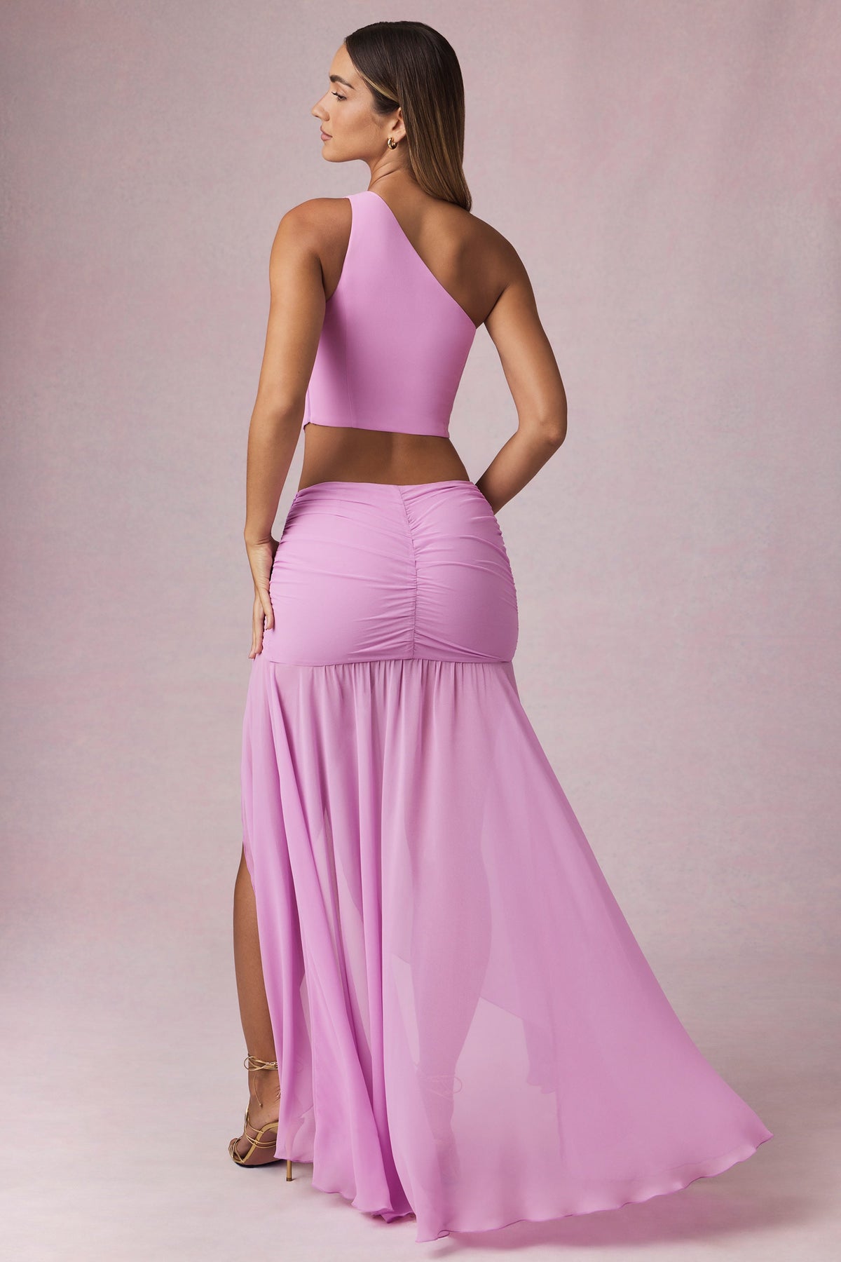 Belavie Romi Asymmetric Ruched Maxi Skirt in Pink Orchid
