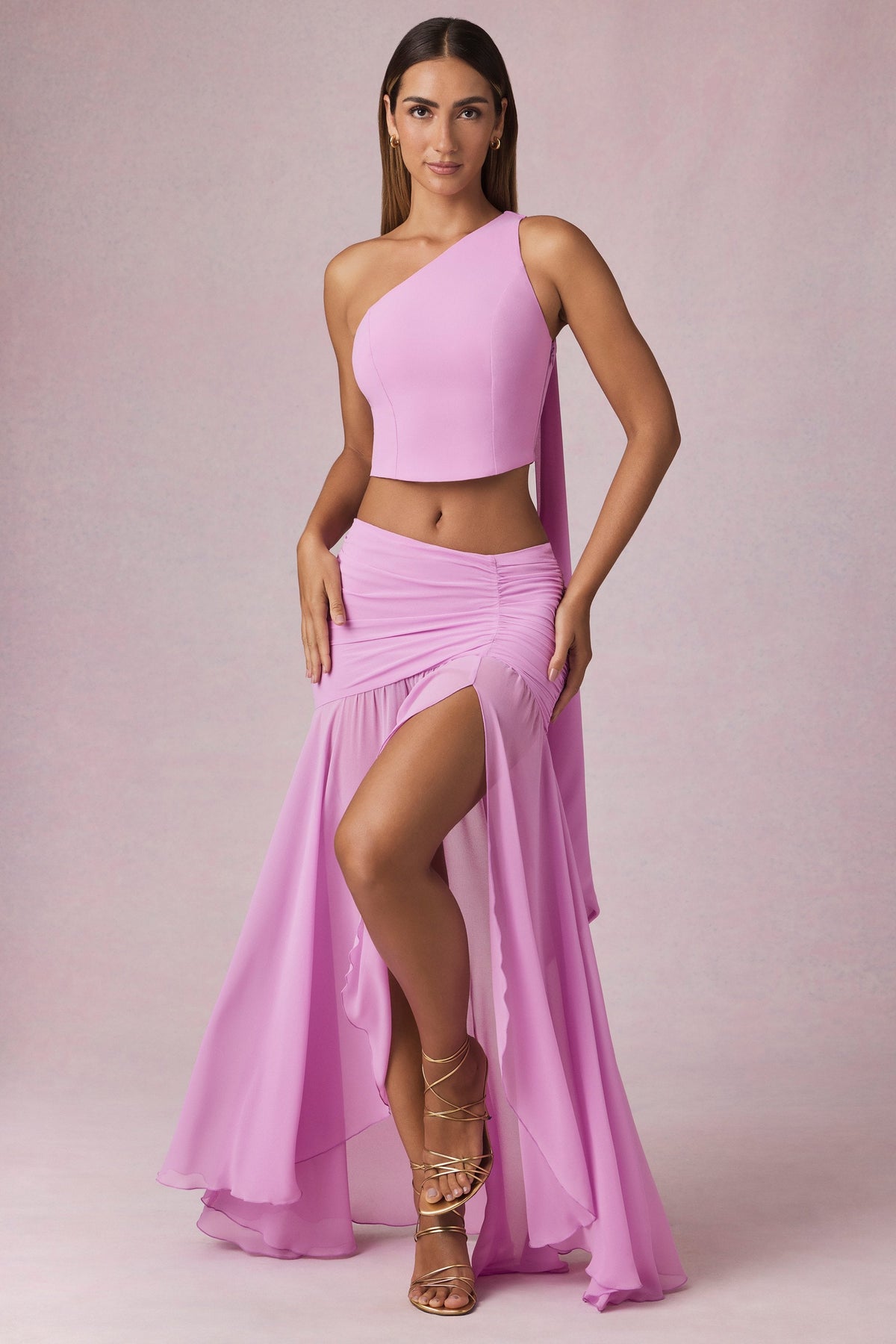 Belavie Romi Asymmetric Ruched Maxi Skirt in Pink Orchid