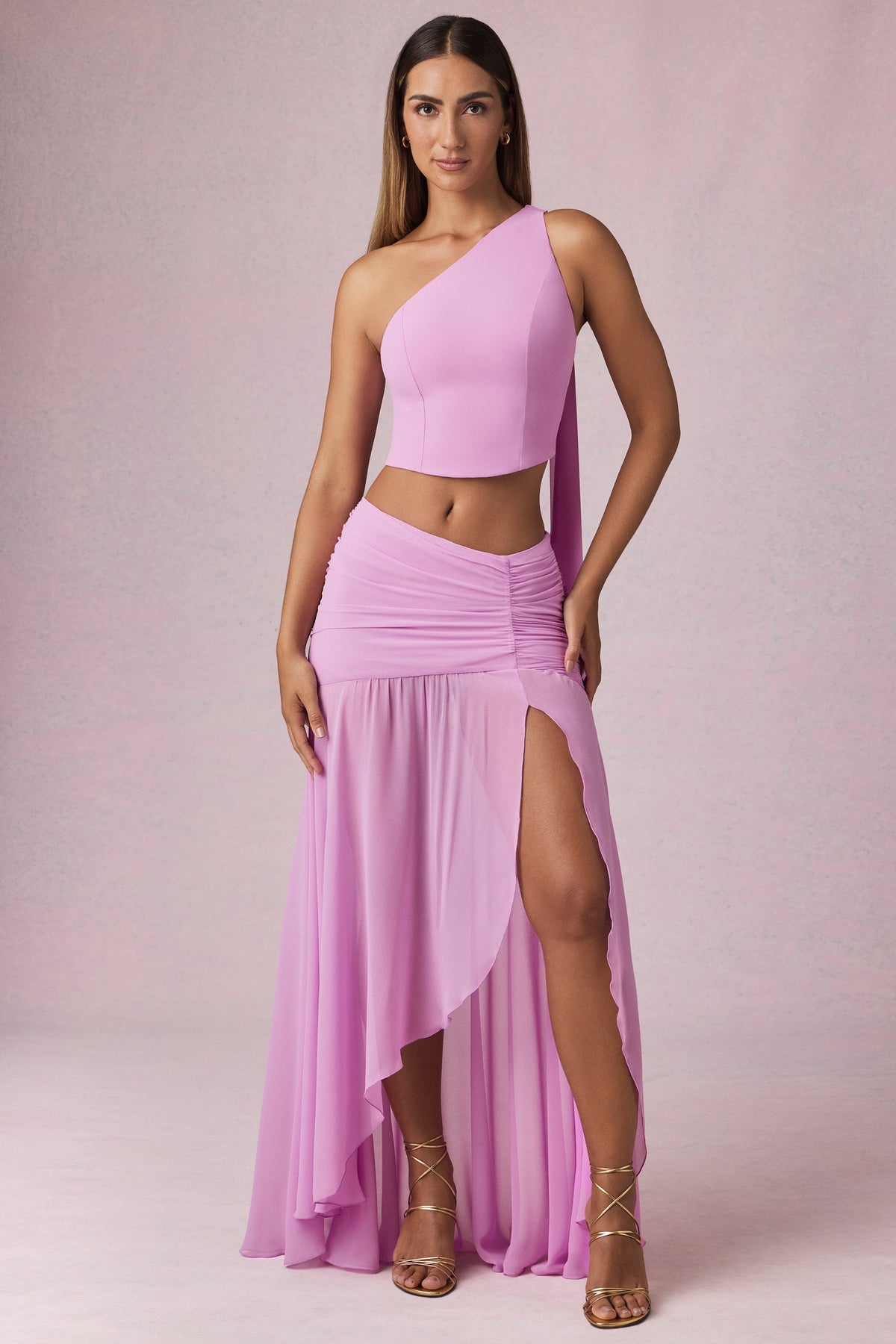 Belavie Romi Asymmetric Ruched Maxi Skirt in Pink Orchid