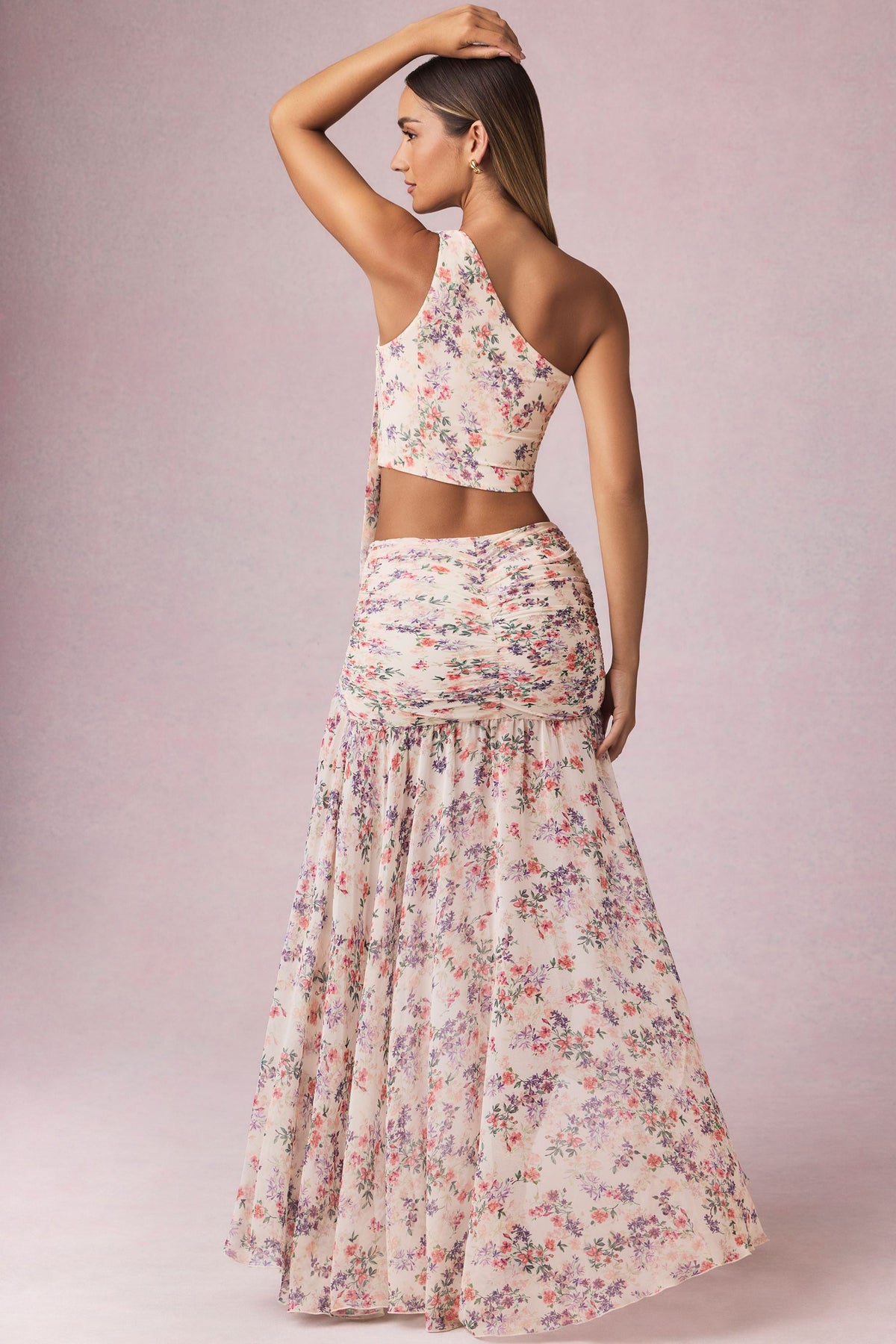 Belavie Romi Asymmetric Ruched Maxi Skirt in Primrose Floral Print