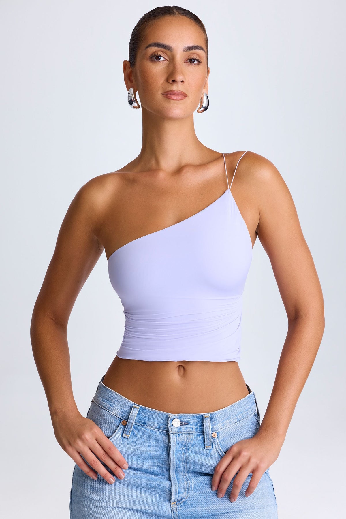 Belavie Roseao One-Shoulder Lace-Up Top in Soft Lilac