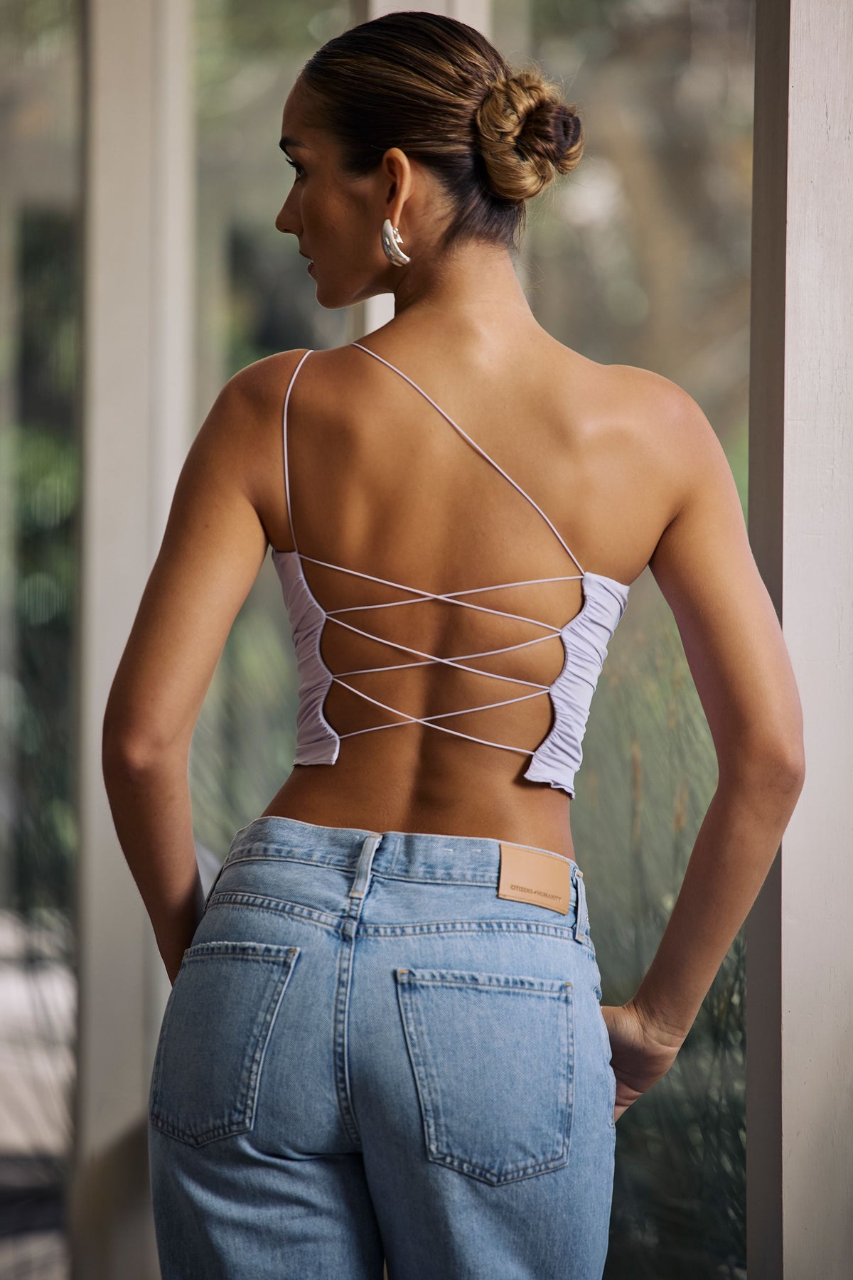 Belavie Roseao One-Shoulder Lace-Up Top in Soft Lilac