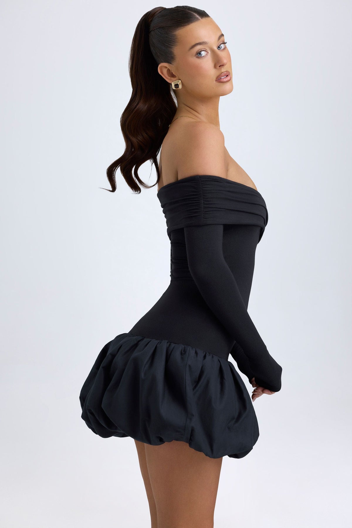 Belavie Serre Modal Off-Shoulder Bubble Hem Mini Dress in Black