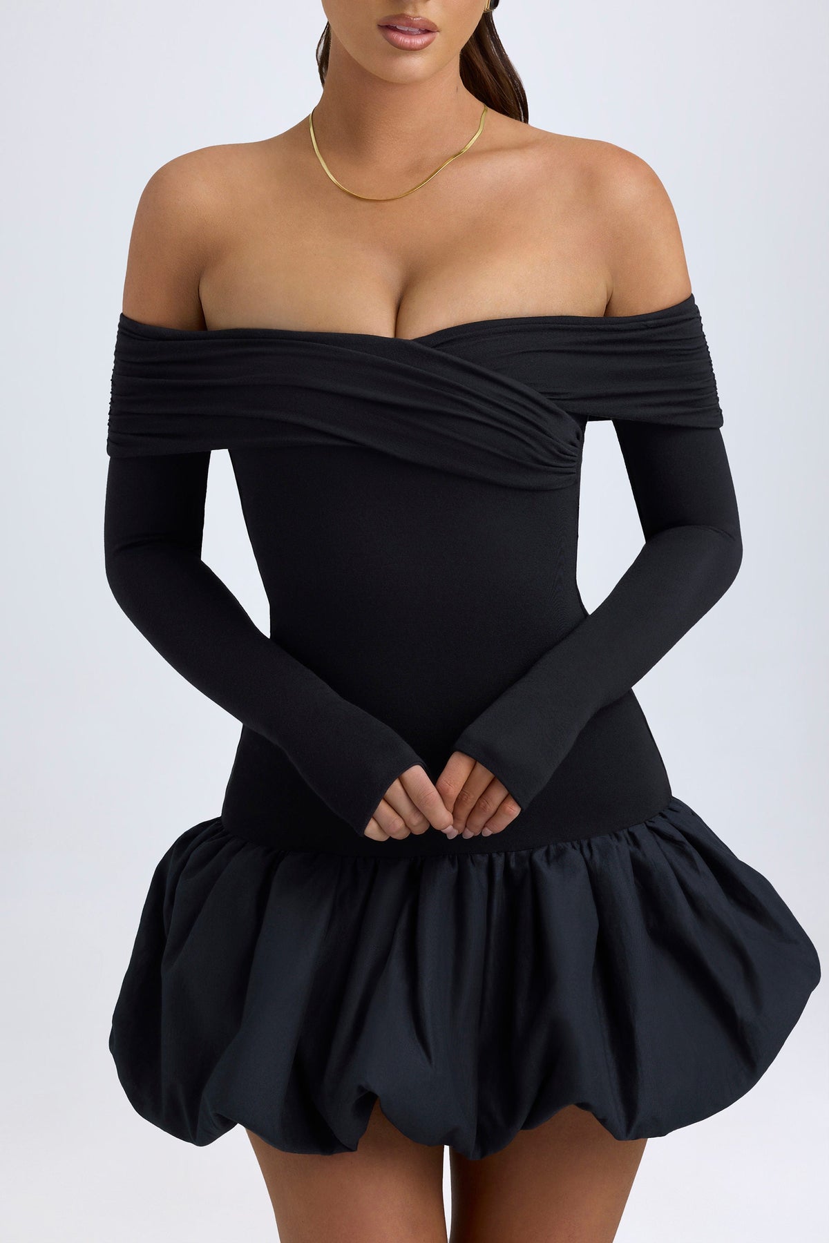 Belavie Serre Modal Off-Shoulder Bubble Hem Mini Dress in Black