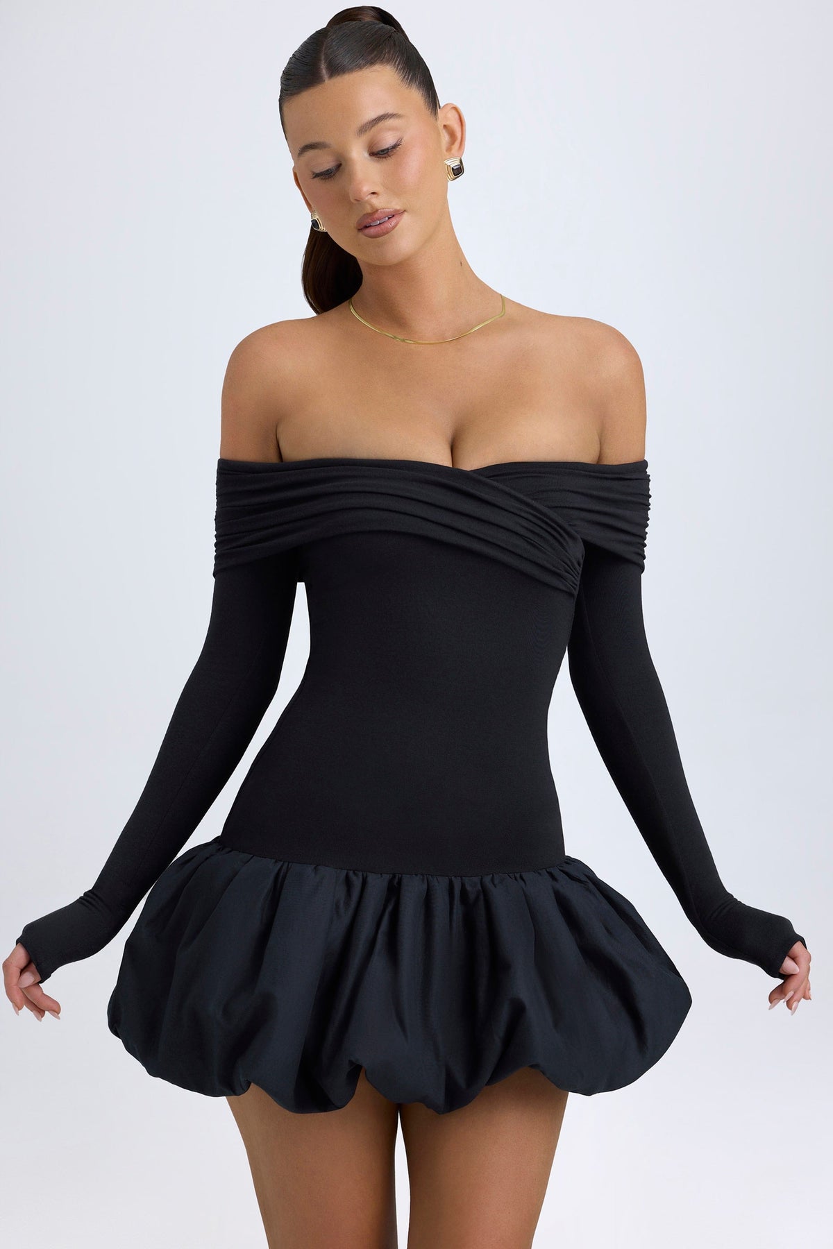 Belavie Serre Modal Off-Shoulder Bubble Hem Mini Dress in Black