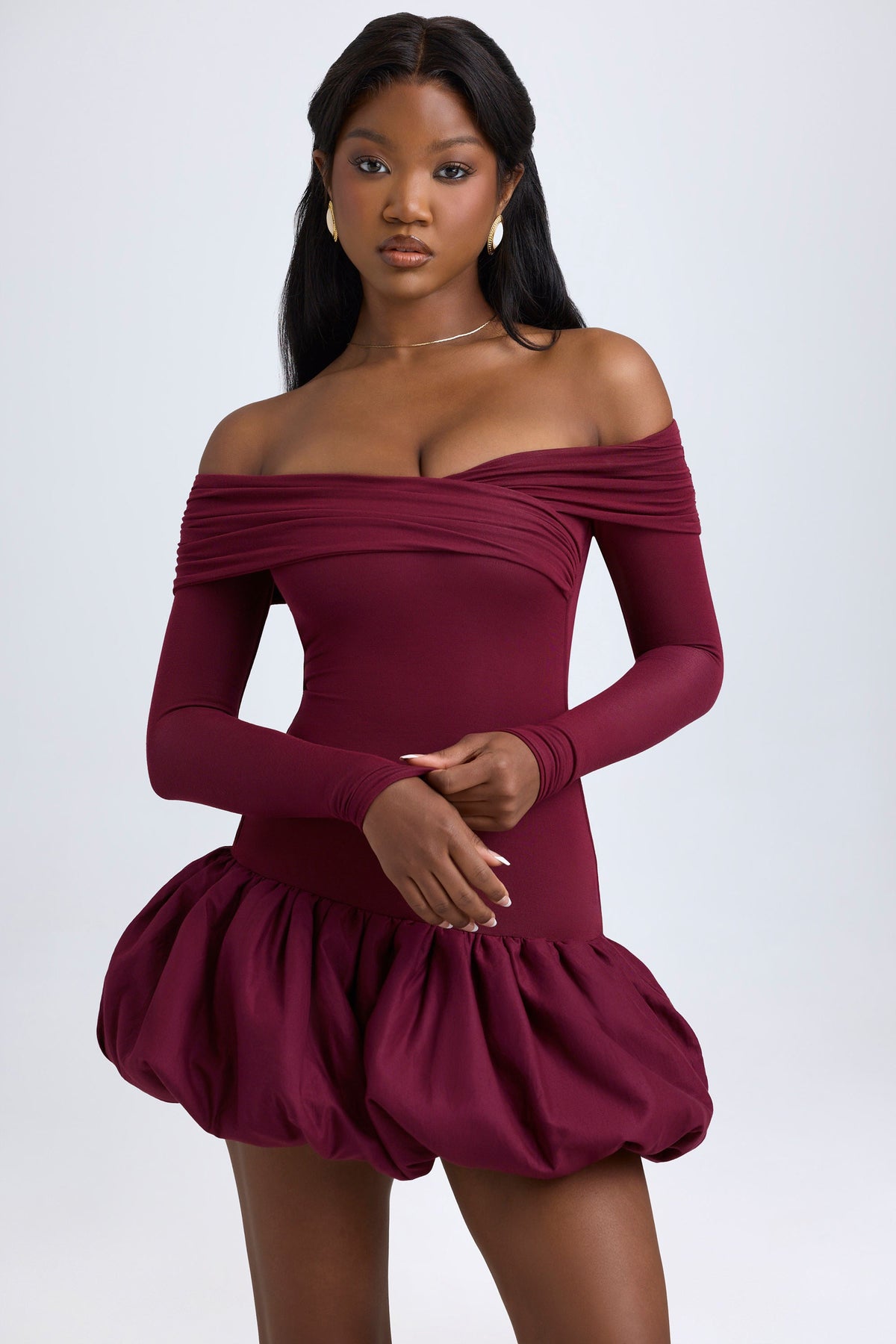 Belavie Serre Modal Off-Shoulder Bubble Hem Mini Dress in Wine Red