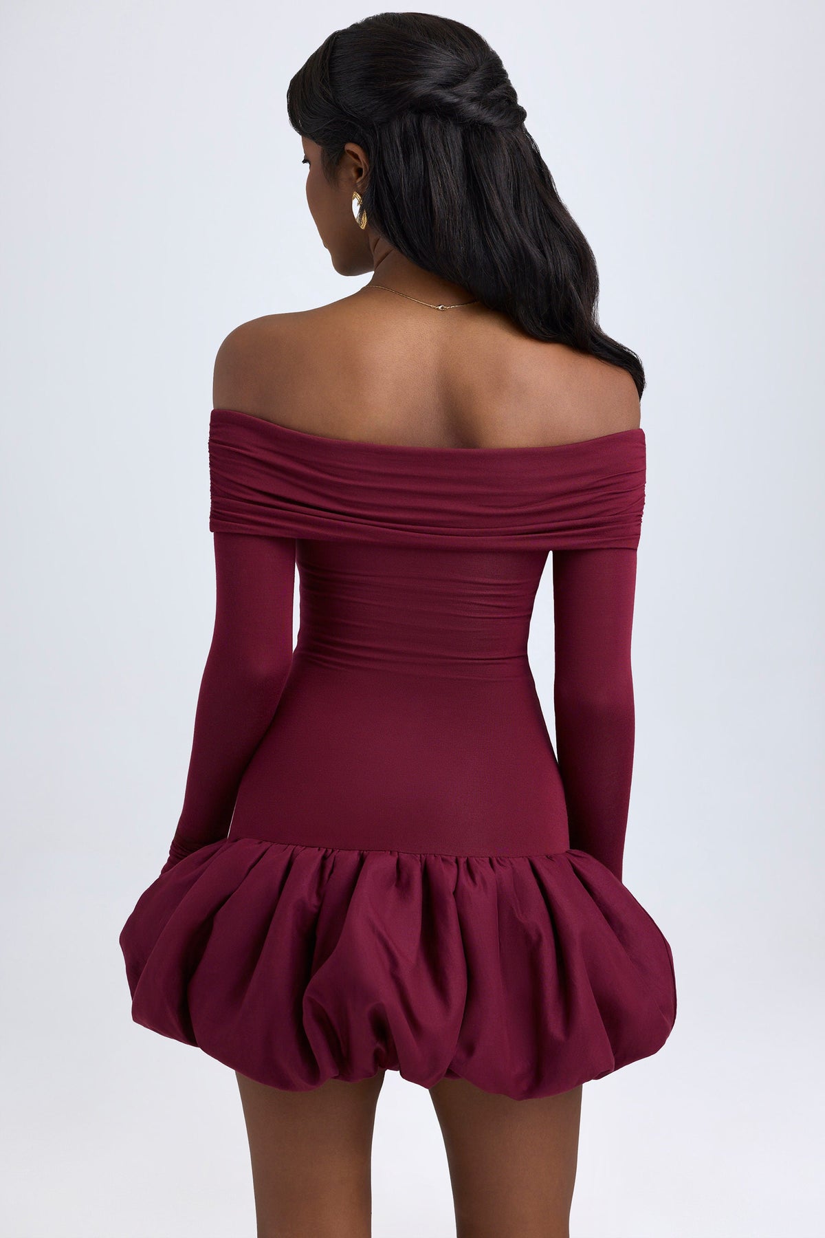 Belavie Serre Modal Off-Shoulder Bubble Hem Mini Dress in Wine Red