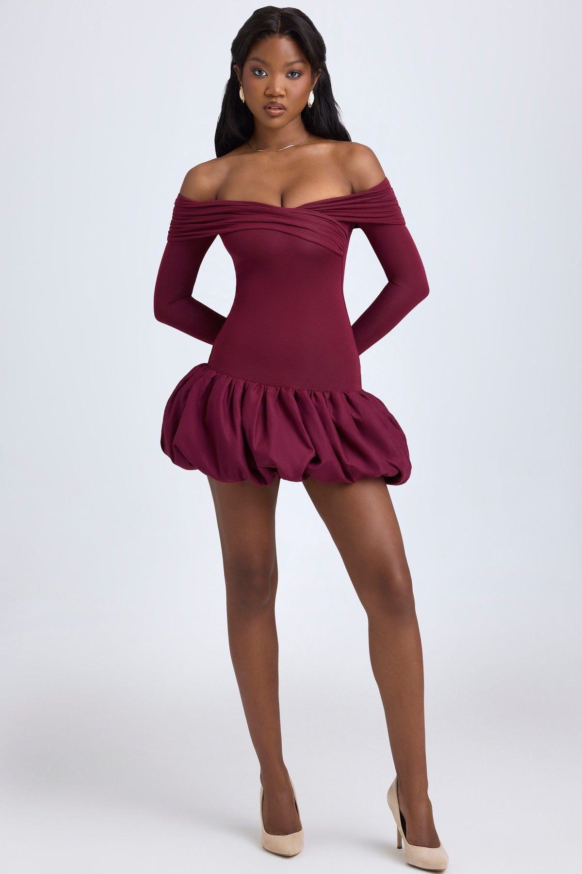 Belavie Serre Modal Off-Shoulder Bubble Hem Mini Dress in Wine Red