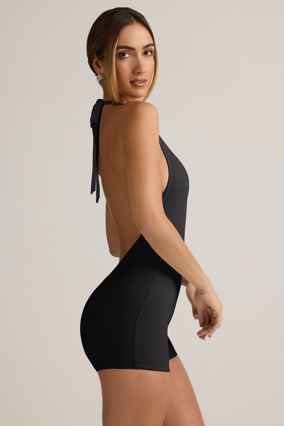 Belavie Shelli Modal Ribbed Backless Playsuit in Black