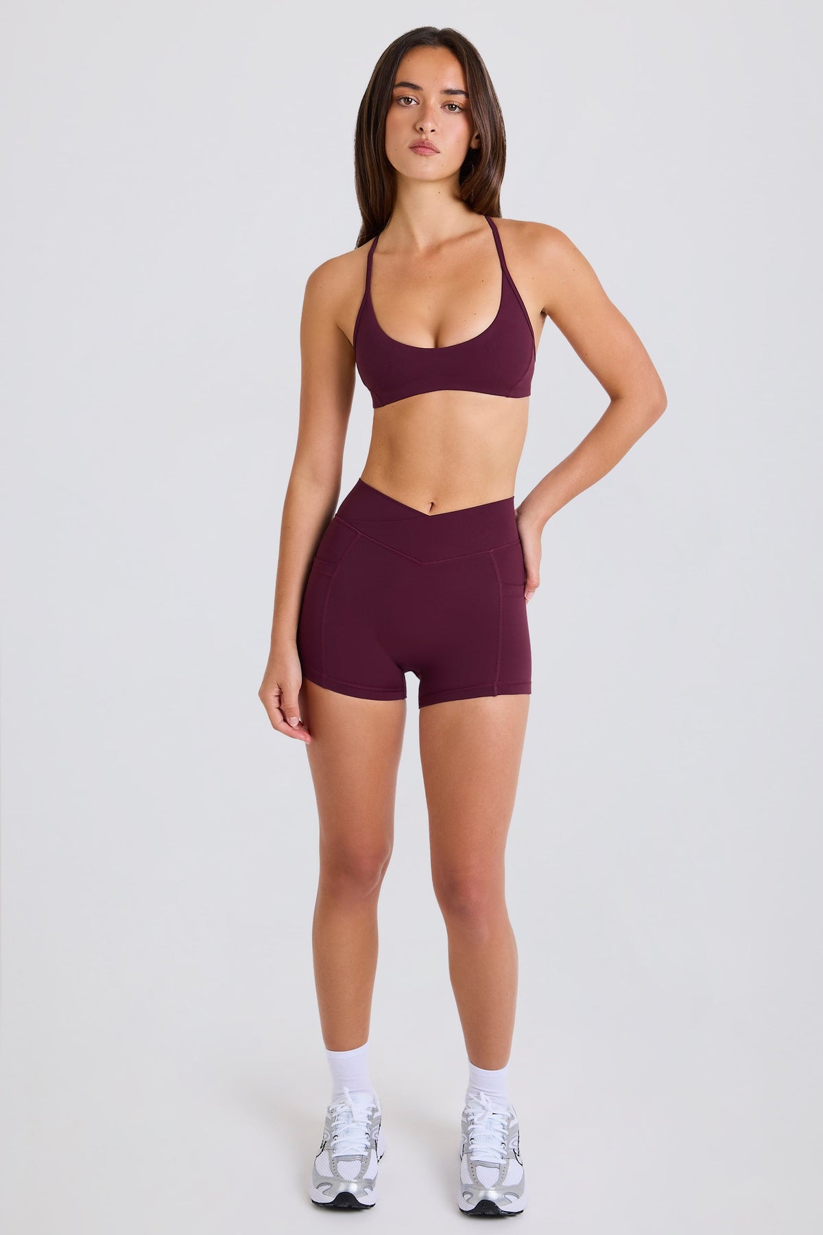 Belavie Soft Active V-Waist Pocket Mini Shorts in Burgundy