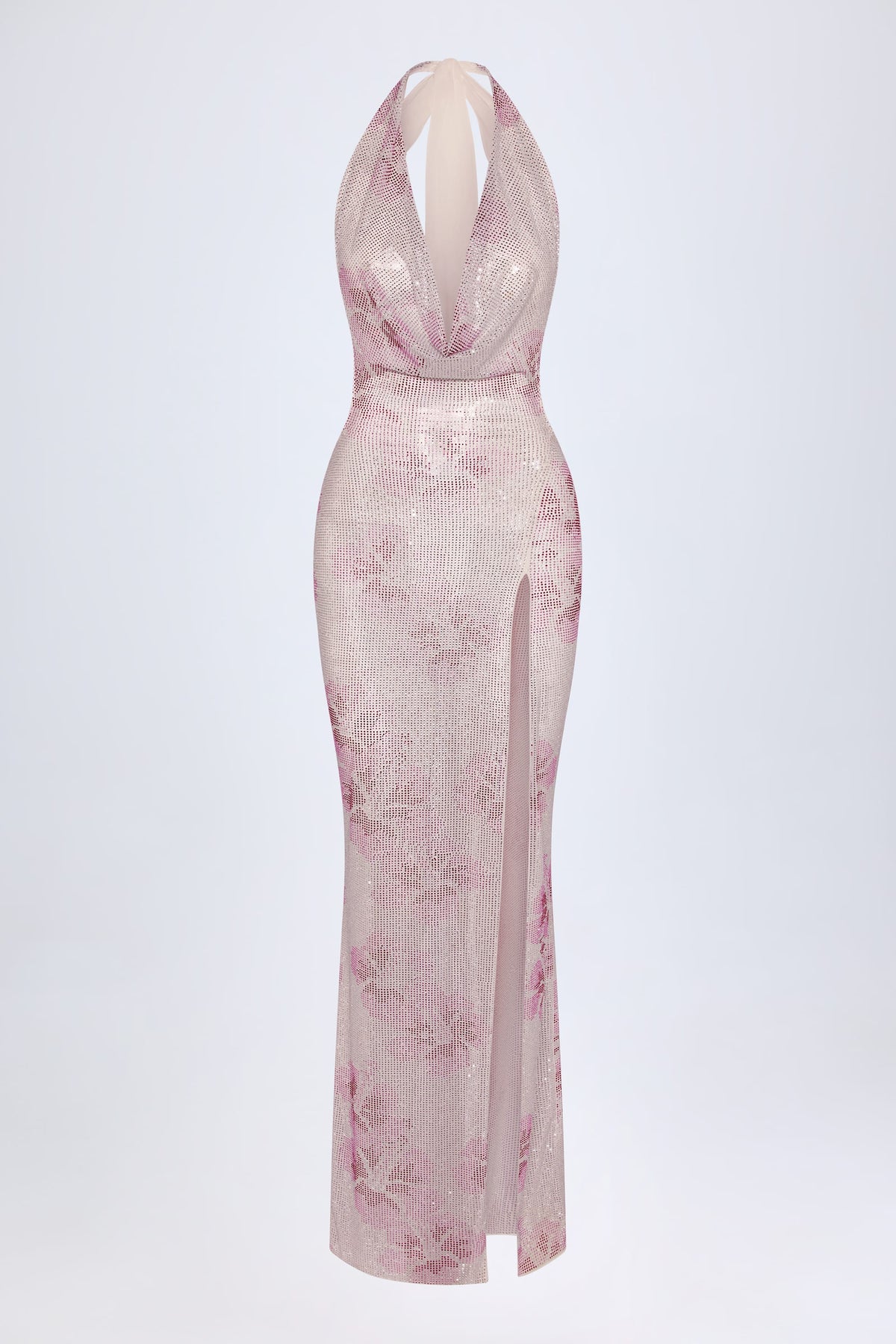 Belavie Soleye Embellished Cowl-Neck Maxi Dress in Pink White Hotfix