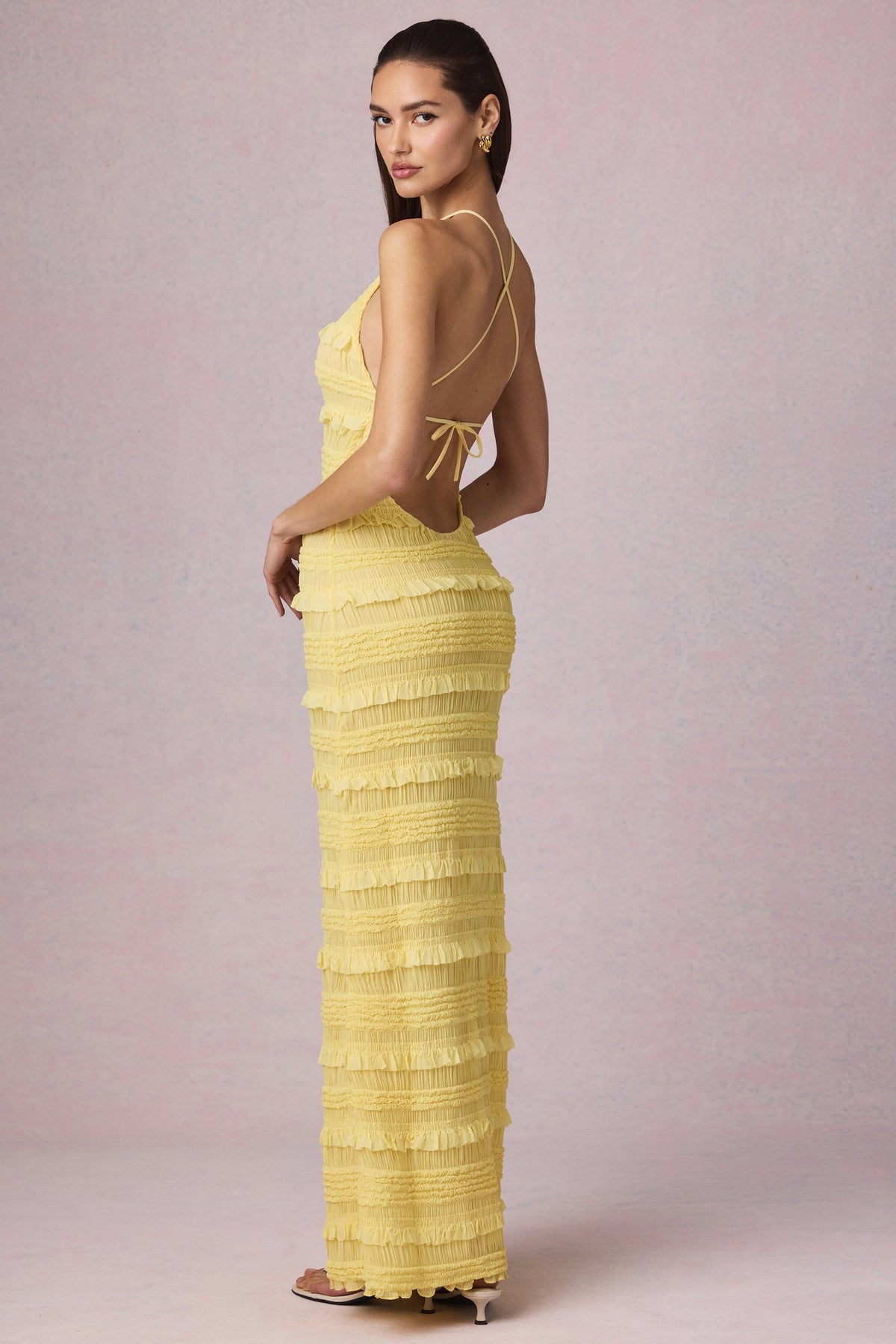 Belavie Tova Ruffled Backless Halterneck Maxi Dress in Lemon Yellow