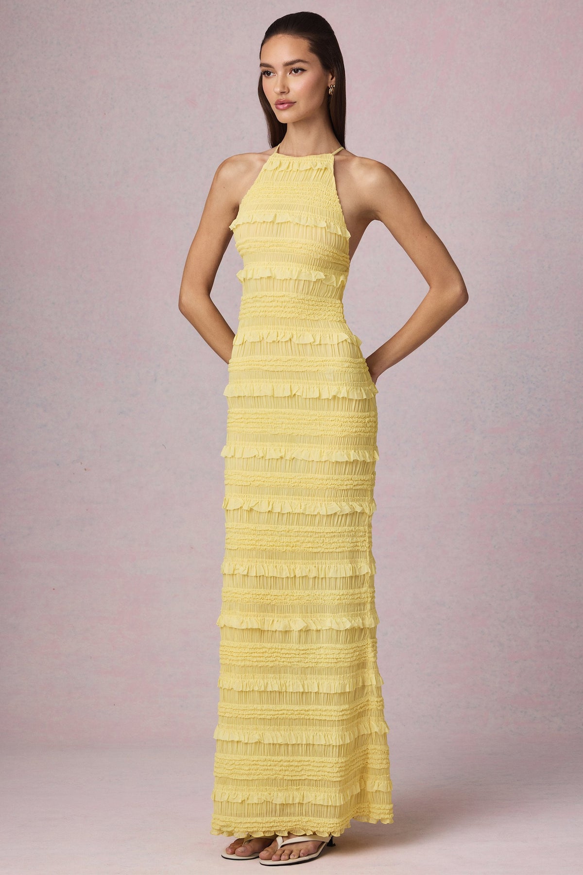 Belavie Tova Ruffled Backless Halterneck Maxi Dress in Lemon Yellow