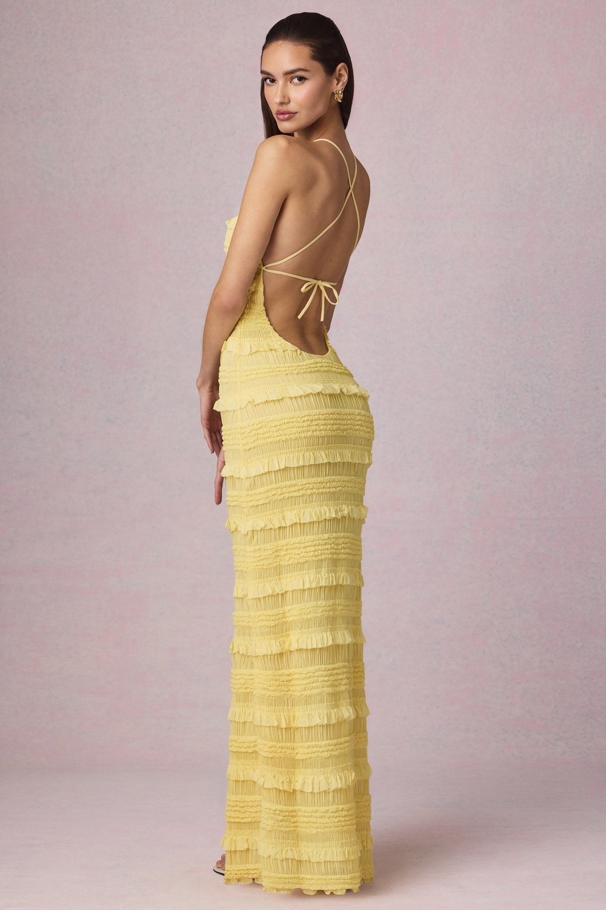 Belavie Tova Ruffled Backless Halterneck Maxi Dress in Lemon Yellow