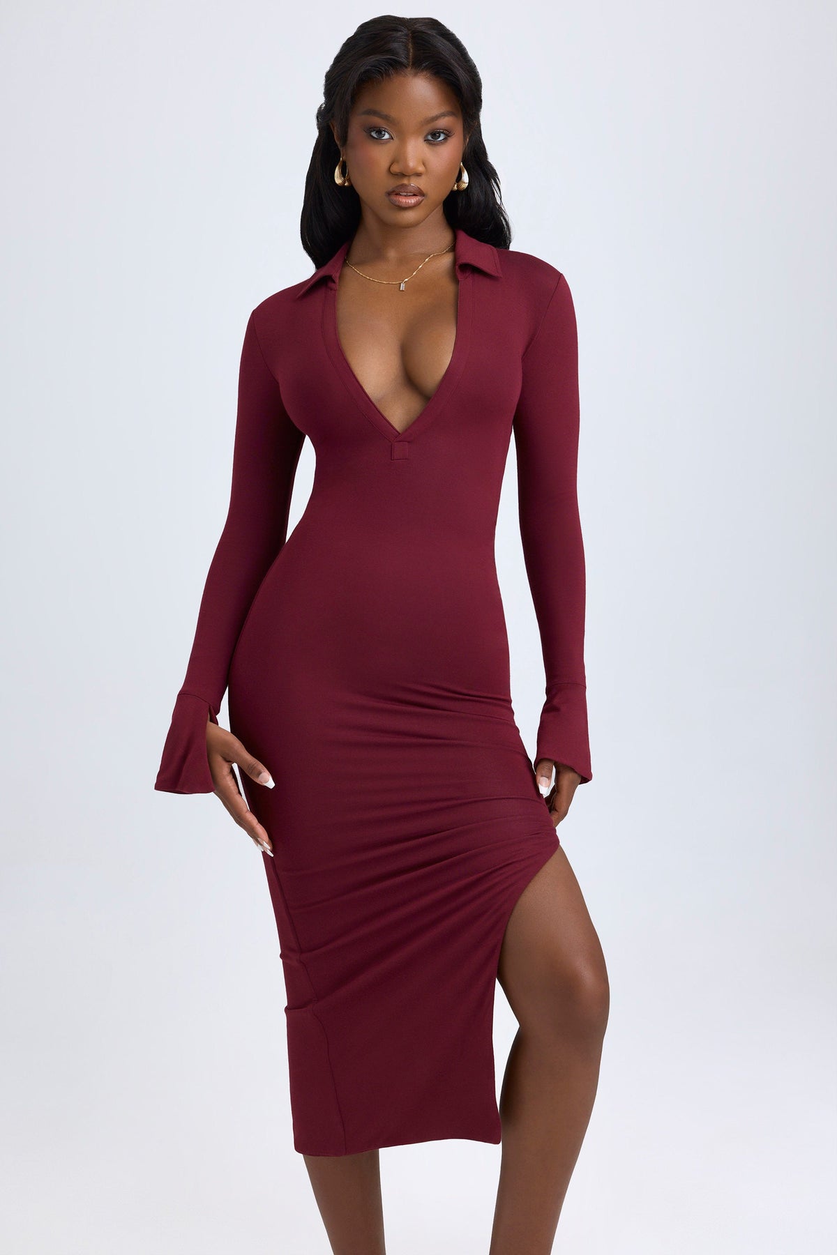 Belavie Yaal Modal Plunge V-Neck Midaxi Dress in Wine Red